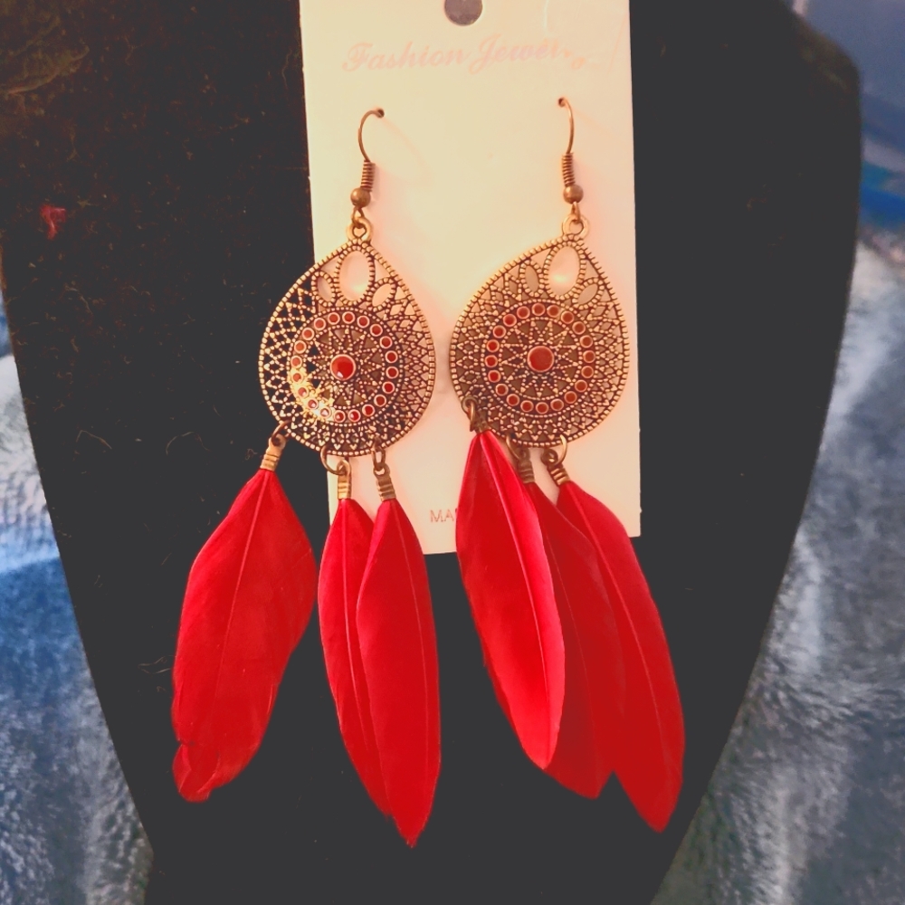 5 for $12 Jewelry Red Feather Dangle Earrings